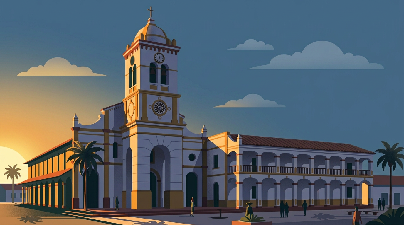 Ilustración del santuario de Cotoca al amanecer, con cielo rosado y luz suave sobre la fachada