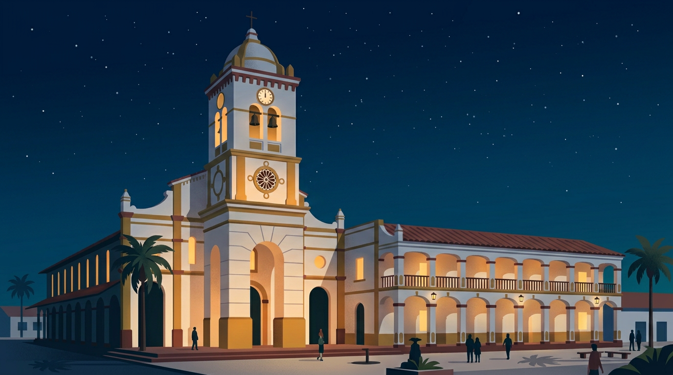Ilustración del santuario de Cotoca de noche, iluminado bajo un cielo estrellado